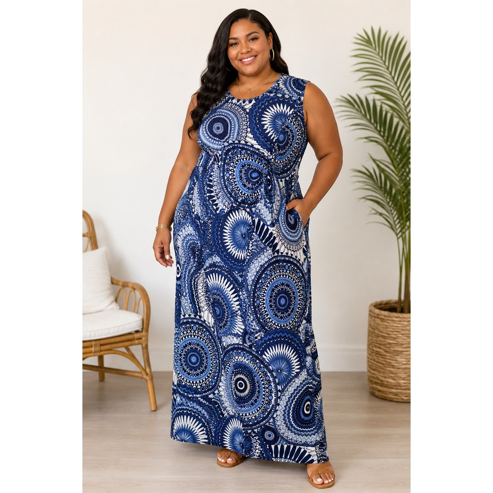 Ashley Stewart  Blue Geometric Mandala 14/16 W Print Sleeveless Maxi Dress High‎